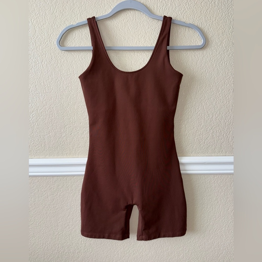 Girlfriend Collective Bike Unitard One Piece Athletic Romper Brown XS